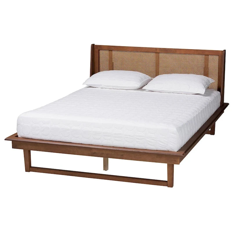 Mid-Century Modern Walnut Brown Finished Wood Platform Bed