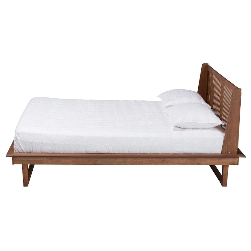 Mid-Century Modern Walnut Brown Finished Wood Platform Bed