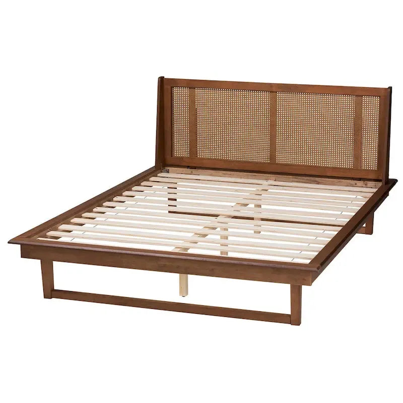 Mid-Century Modern Walnut Brown Finished Wood Platform Bed