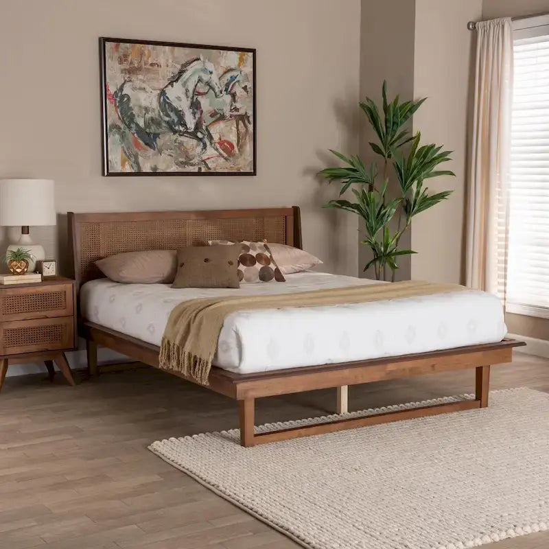 Mid-Century Modern Walnut Brown Finished Wood Platform Bed