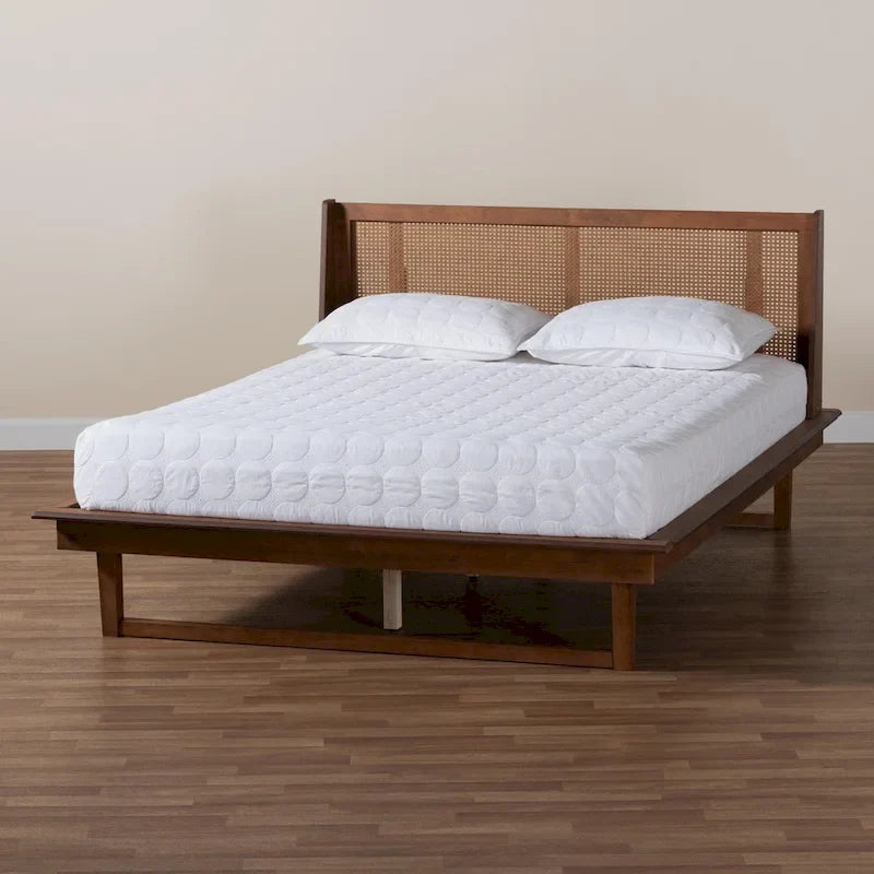 Mid-Century Modern Walnut Brown Finished Wood Platform Bed