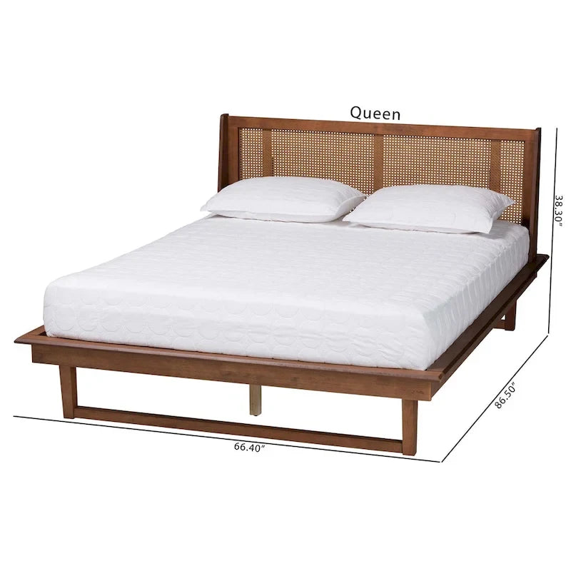 Mid-Century Modern Walnut Brown Finished Wood Platform Bed