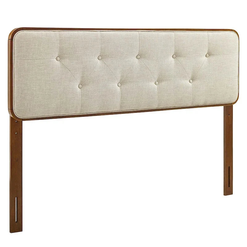 Traditional Beige Fabric Button Tufted Twin Size Walnut Wooden Headboard