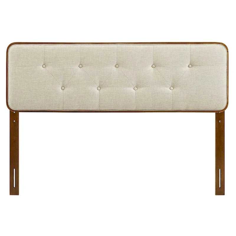 Traditional Beige Fabric Button Tufted Twin Size Walnut Wooden Headboard