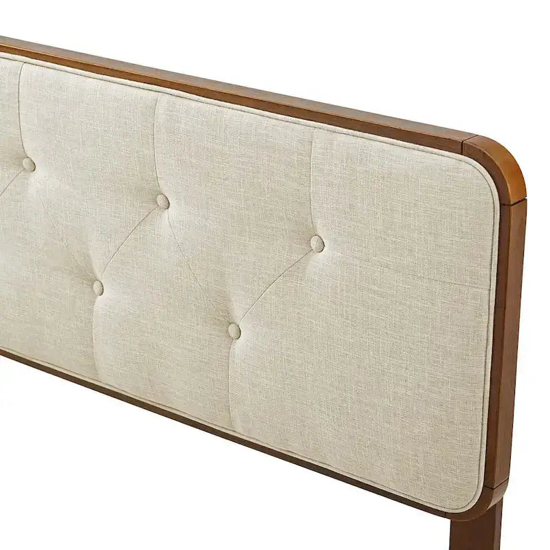 Traditional Beige Fabric Button Tufted Twin Size Walnut Wooden Headboard