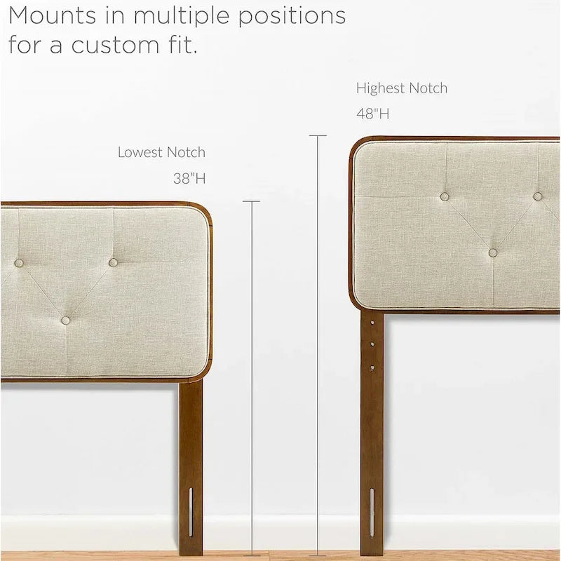 Traditional Beige Fabric Button Tufted Twin Size Walnut Wooden Headboard