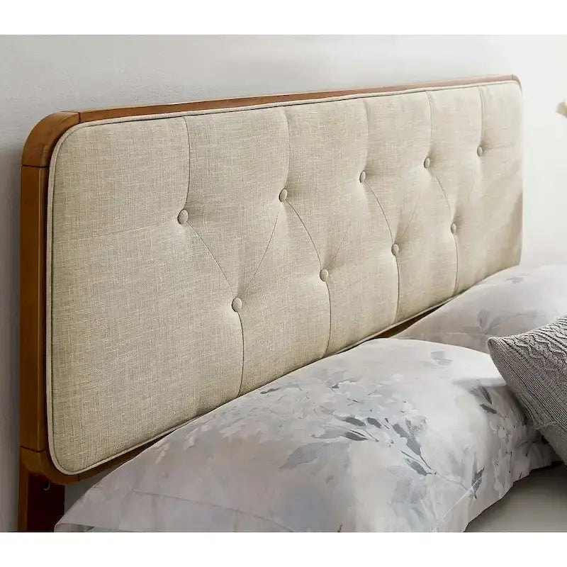Traditional Beige Fabric Button Tufted Twin Size Walnut Wooden Headboard