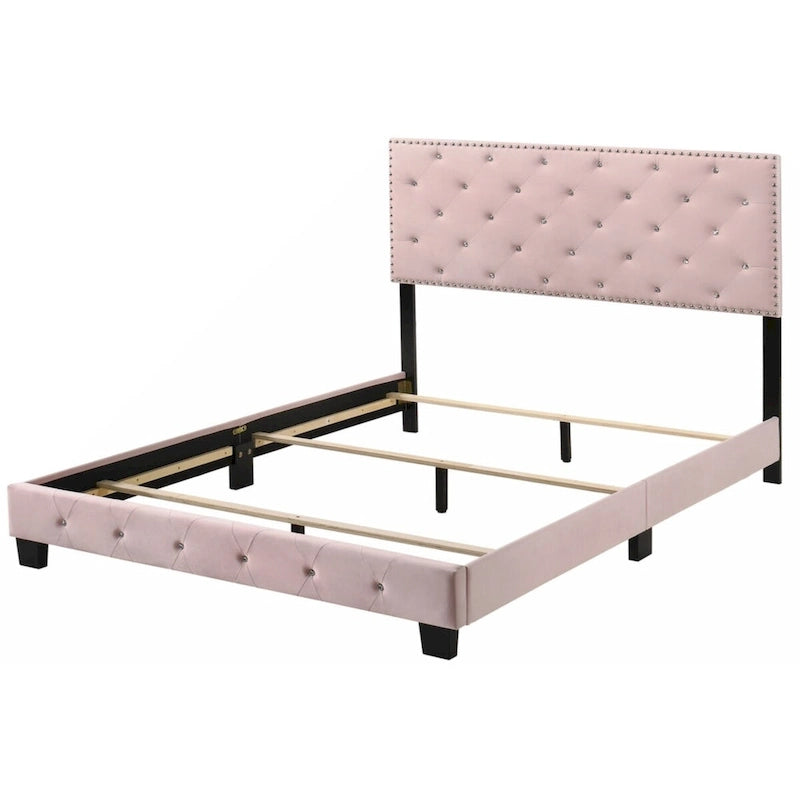 Pink Velvet Platform Bed with Nailhead Trim, Queen Size