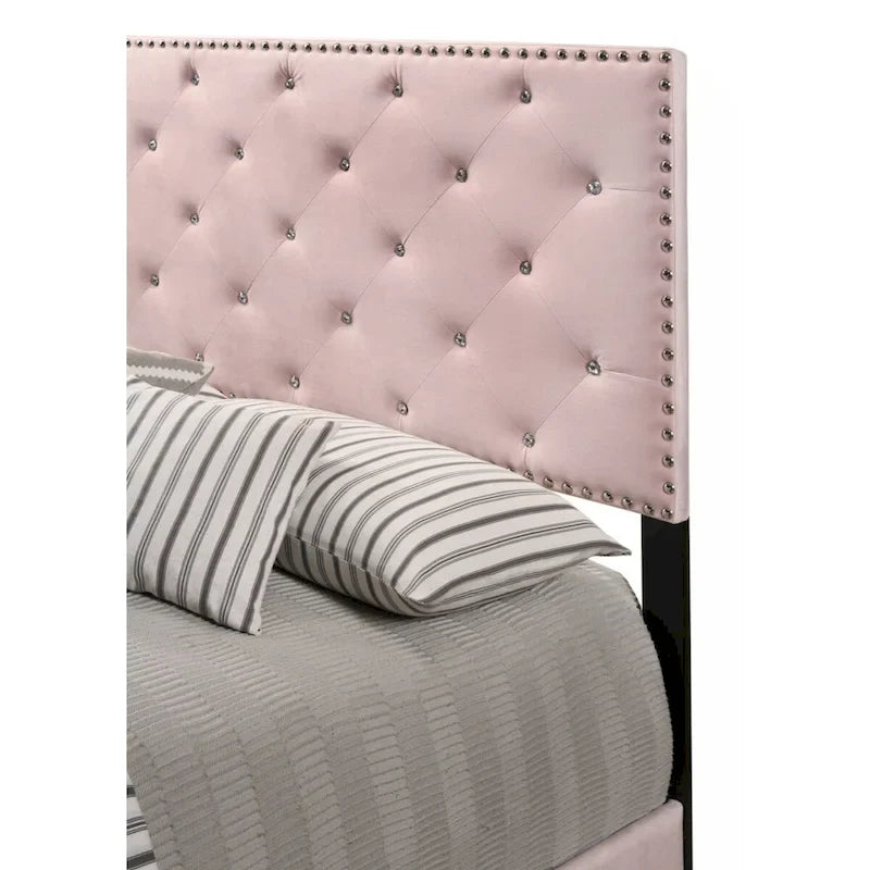 Pink Velvet Platform Bed with Nailhead Trim, Queen Size