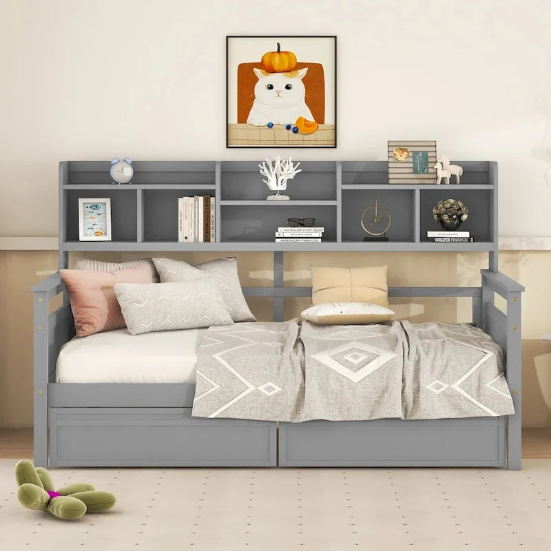 Twin size Daybed, Wood Slat Support, with Bedside Shelves and Two Drawers