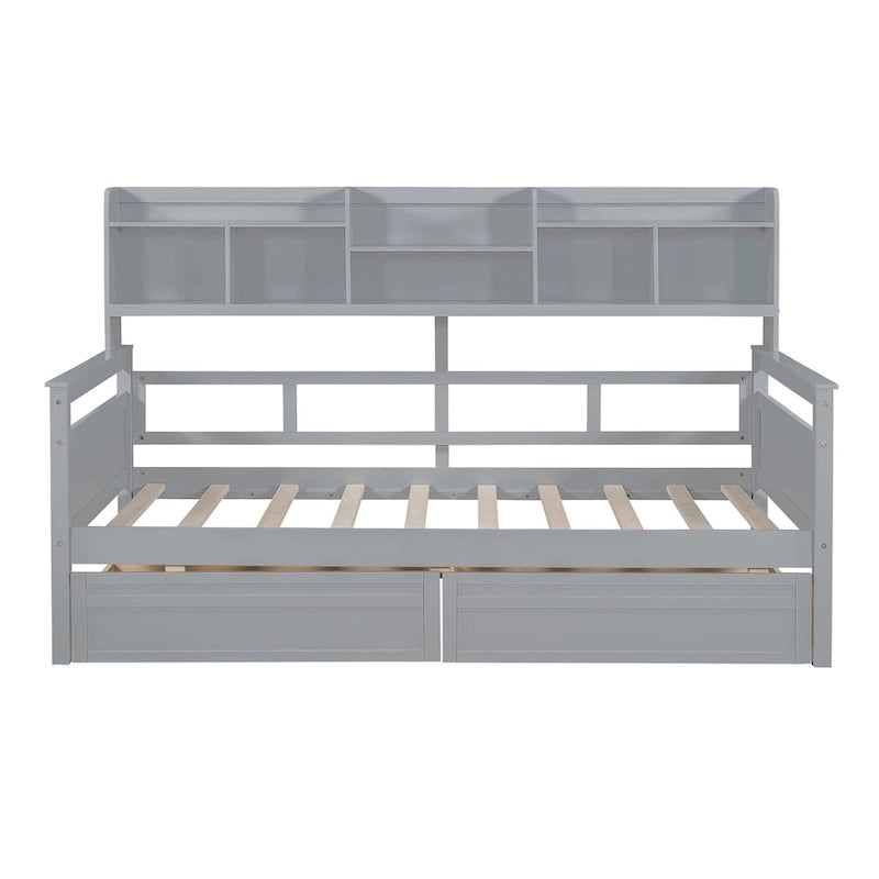 Twin size Daybed, Wood Slat Support, with Bedside Shelves and Two Drawers