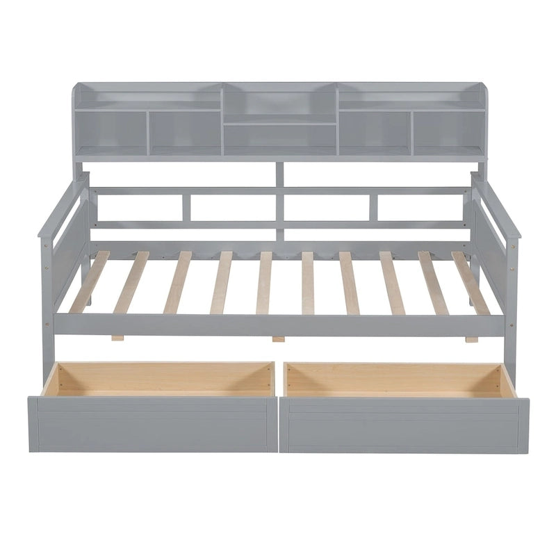 Twin size Daybed, Wood Slat Support, with Bedside Shelves and Two Drawers