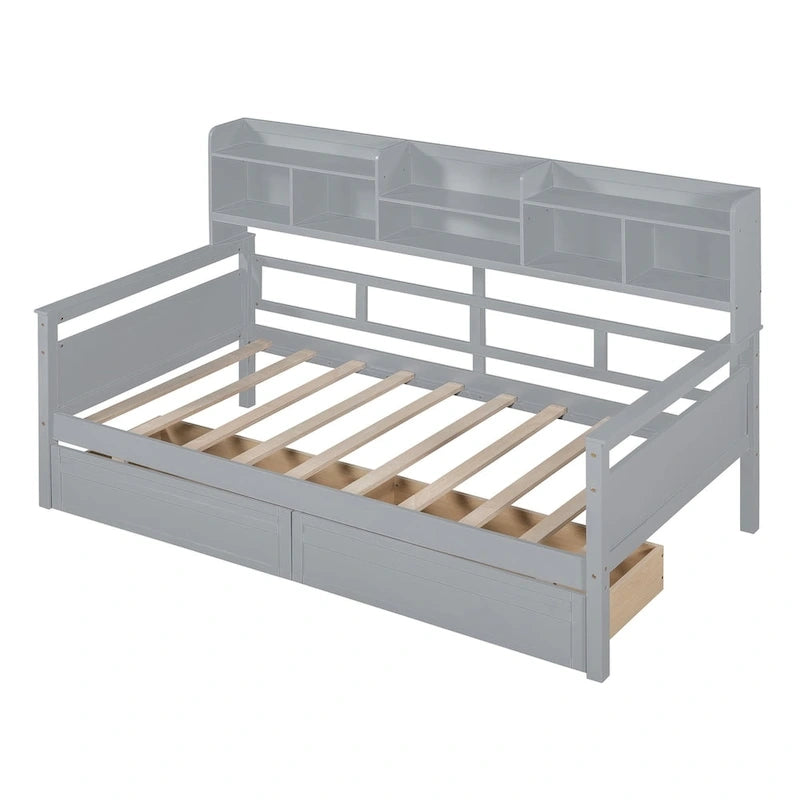 Twin size Daybed, Wood Slat Support, with Bedside Shelves and Two Drawers