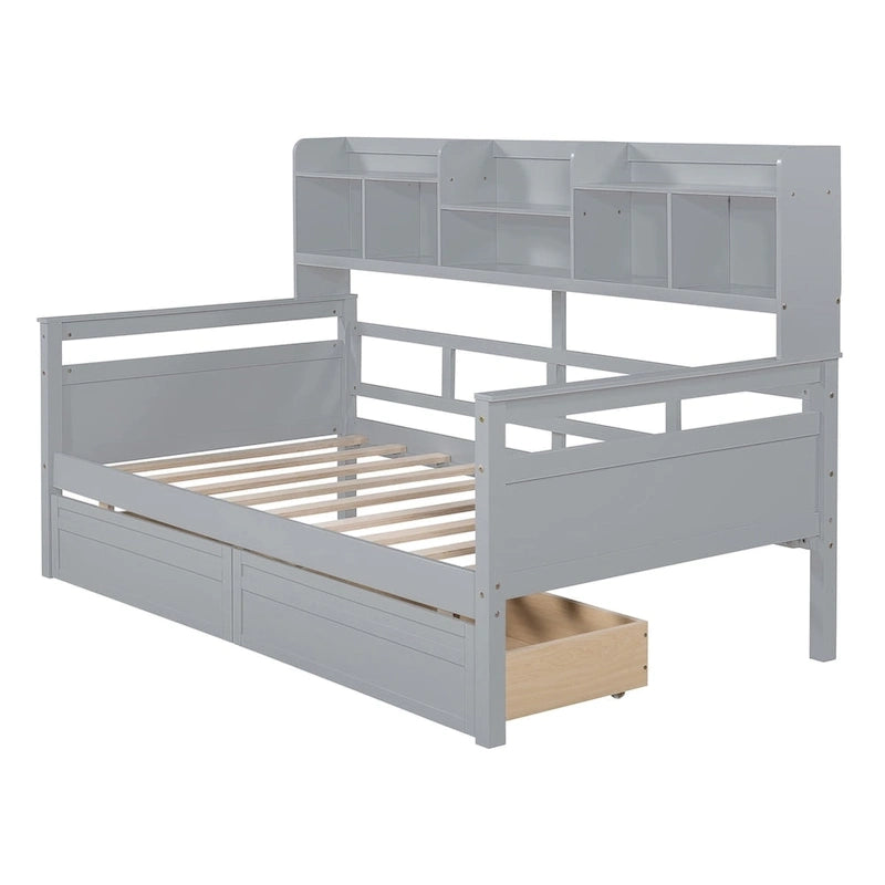 Twin size Daybed, Wood Slat Support, with Bedside Shelves and Two Drawers