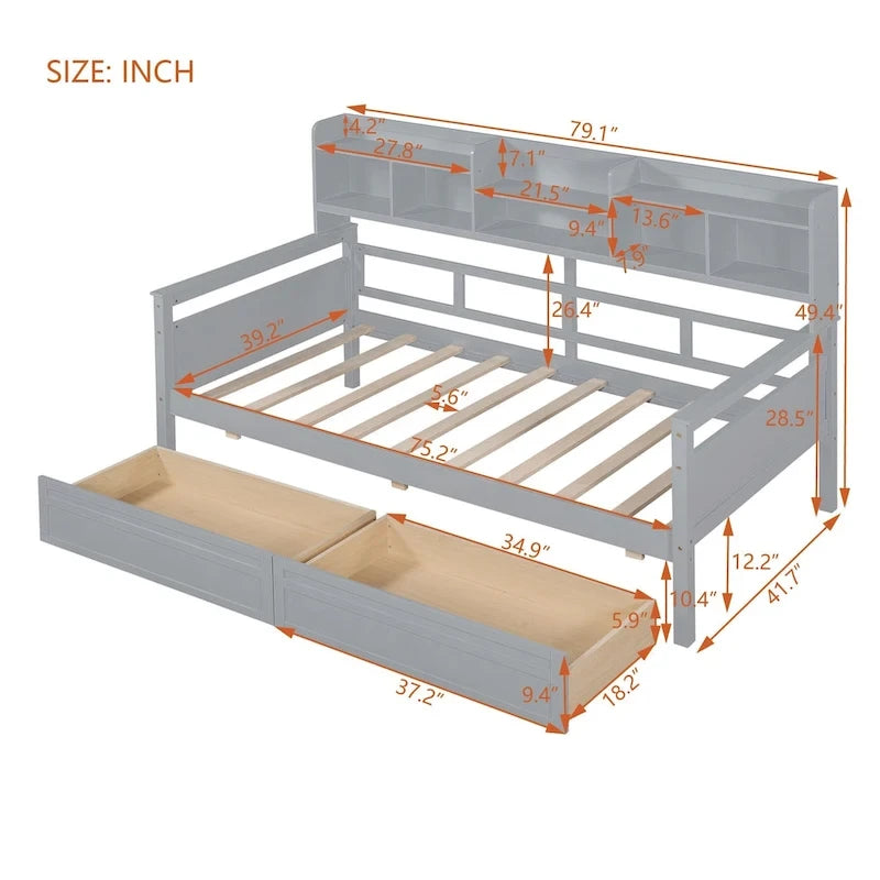 Twin size Daybed, Wood Slat Support, with Bedside Shelves and Two Drawers