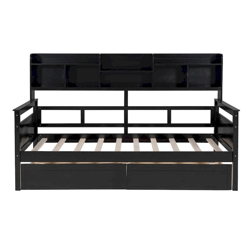 Twin size Daybed, Wood Slat Support, with Bedside Shelves and Two Drawers