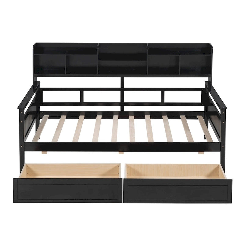 Twin size Daybed, Wood Slat Support, with Bedside Shelves and Two Drawers