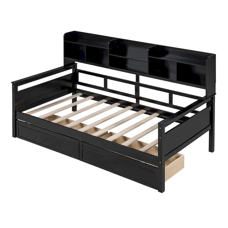 Twin size Daybed, Wood Slat Support, with Bedside Shelves and Two Drawers