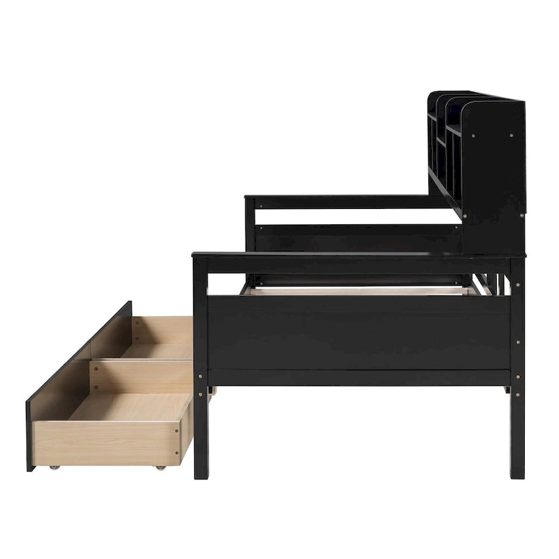 Twin size Daybed, Wood Slat Support, with Bedside Shelves and Two Drawers