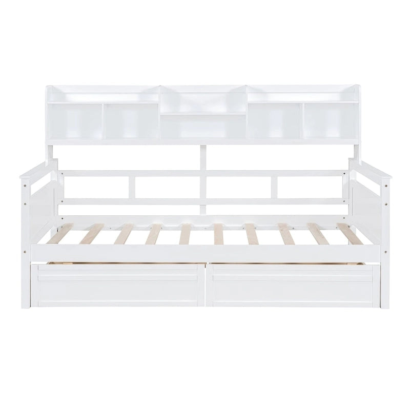 Twin size Daybed, Wood Slat Support, with Bedside Shelves and Two Drawers