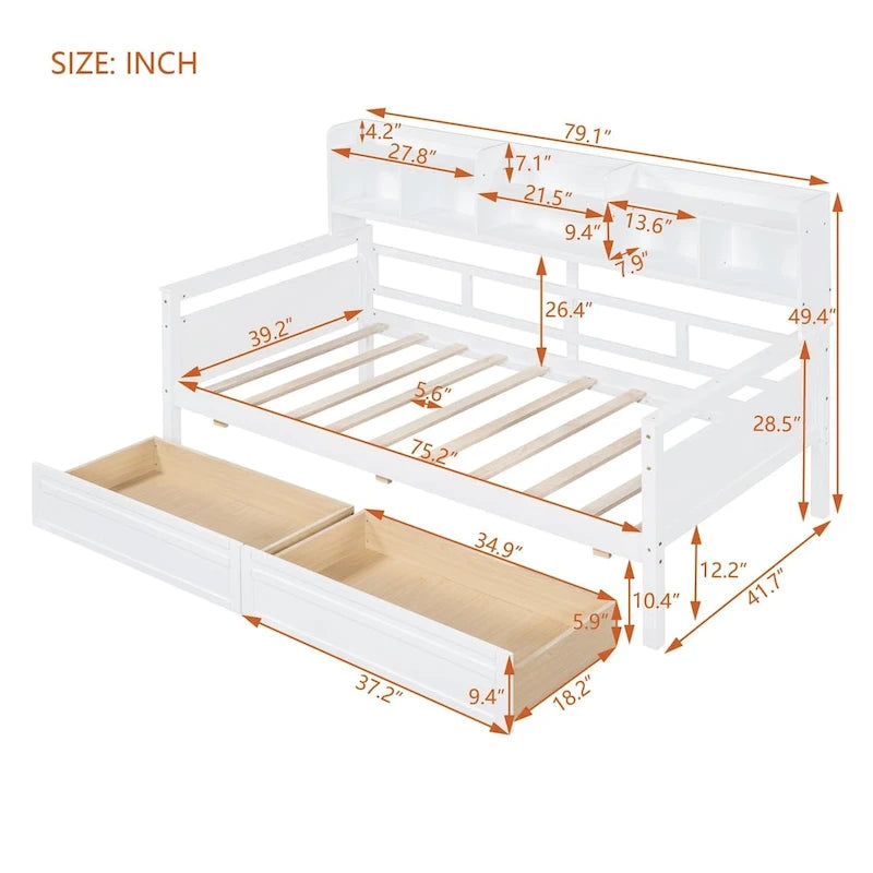 Twin size Daybed, Wood Slat Support, with Bedside Shelves and Two Drawers