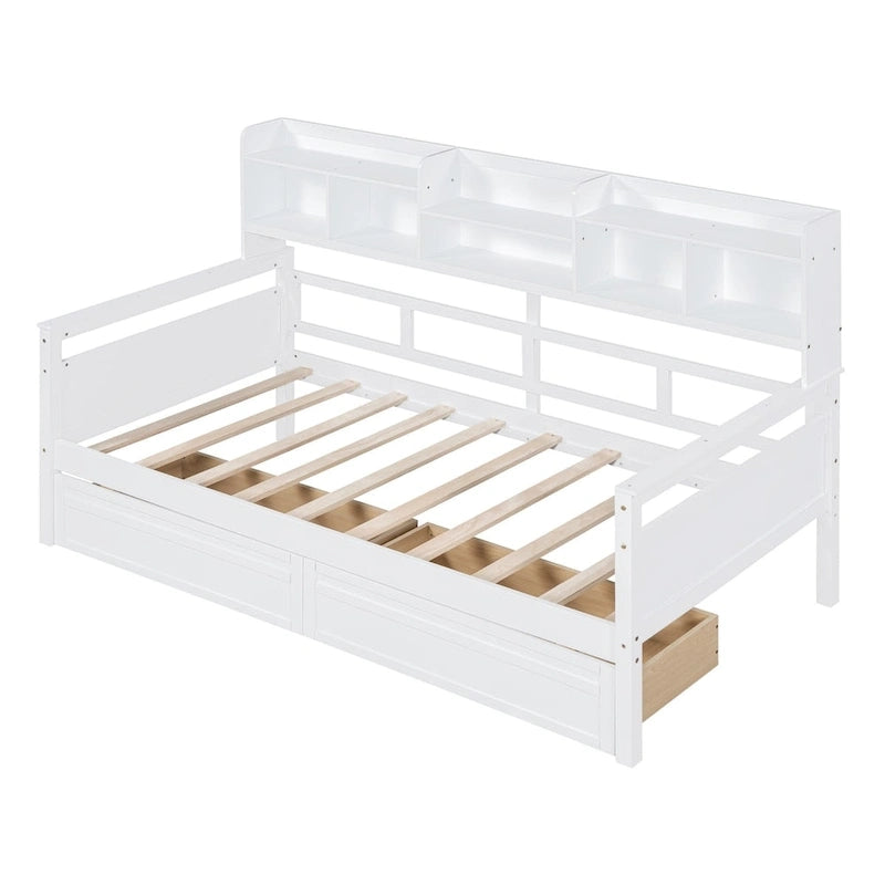 Twin size Daybed, Wood Slat Support, with Bedside Shelves and Two Drawers