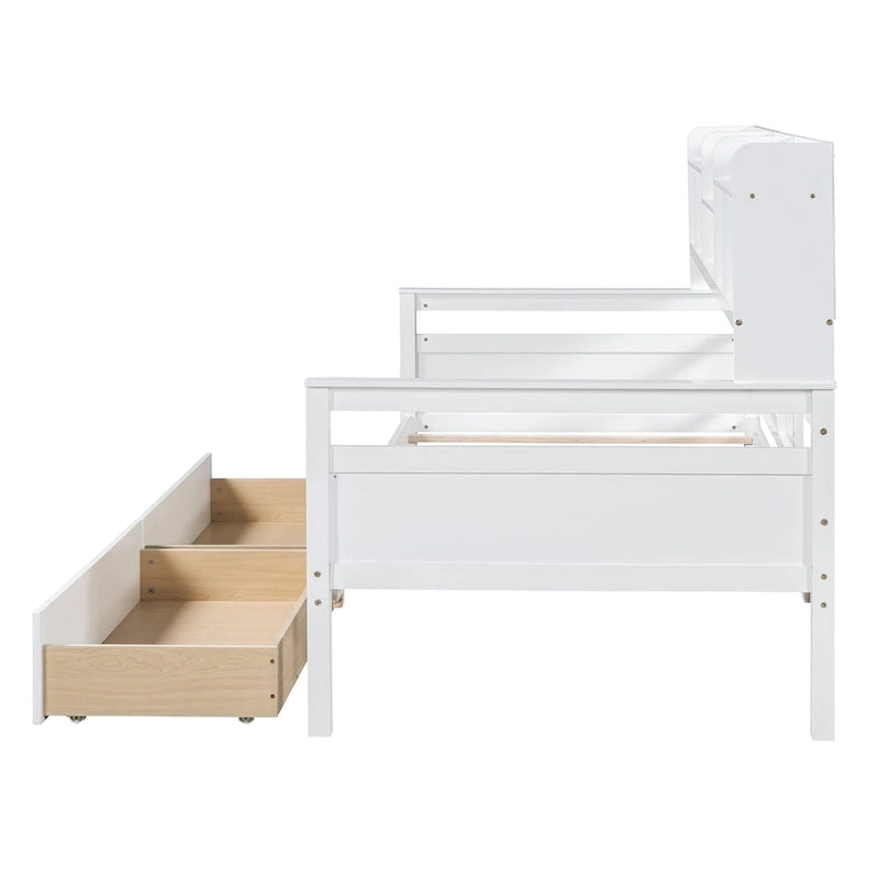 Twin size Daybed, Wood Slat Support, with Bedside Shelves and Two Drawers