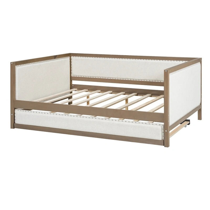 Full Size Upholstered Daybed with Trundle and Nailhead Decoration