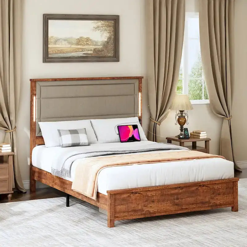 Queen Size Bed Frame with Upholstered Headboard,with Charging Station and LED Lights,Wood Slats,No Box Spring Needed