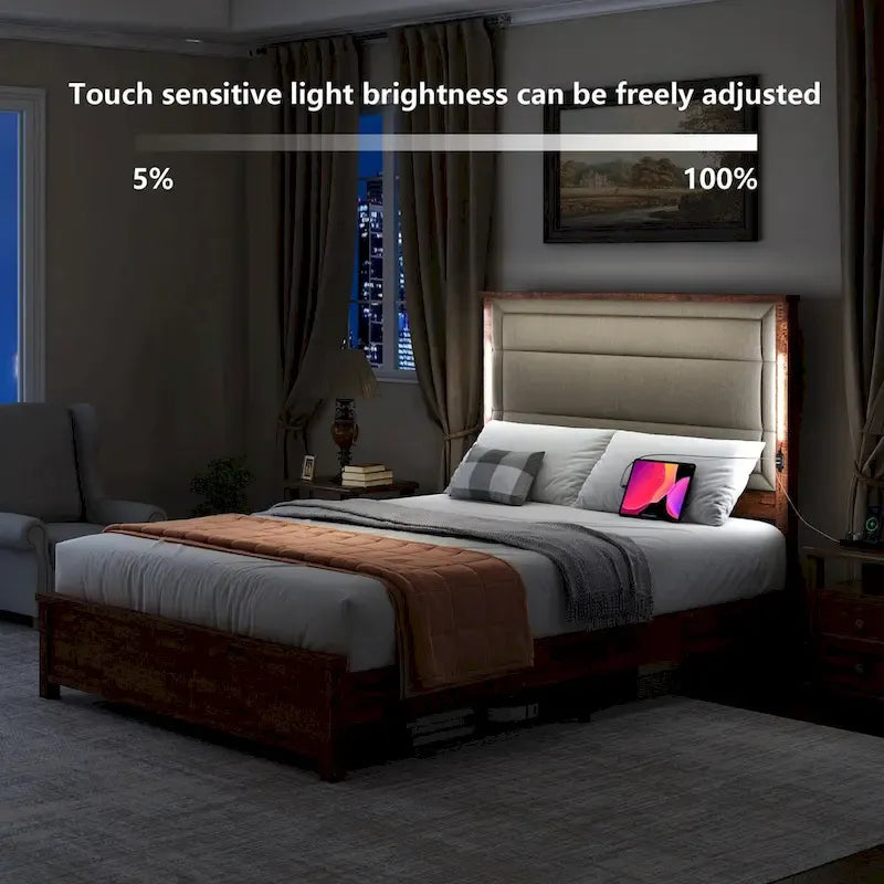 Queen Size Bed Frame with Upholstered Headboard,with Charging Station and LED Lights,Wood Slats,No Box Spring Needed
