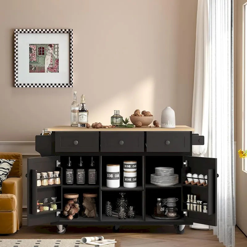 Kitchen Cart with Rubber wood Drop-Leaf Countertop, 5-Wheel Kitchen Island with Storage Cabinet & 3 Drawers