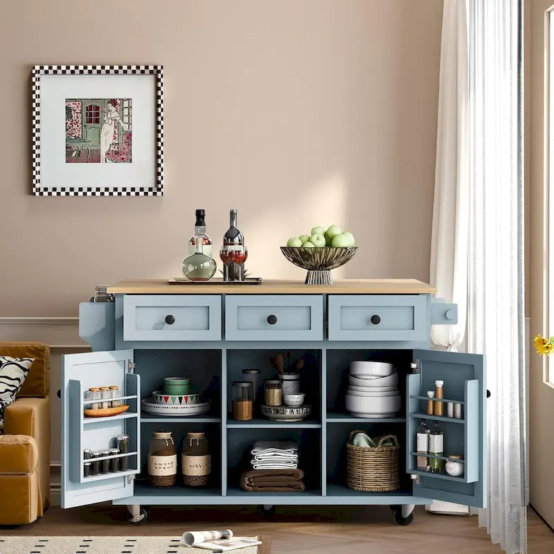 Kitchen Cart with Rubber wood Drop-Leaf Countertop, 5-Wheel Kitchen Island with Storage Cabinet & 3 Drawers