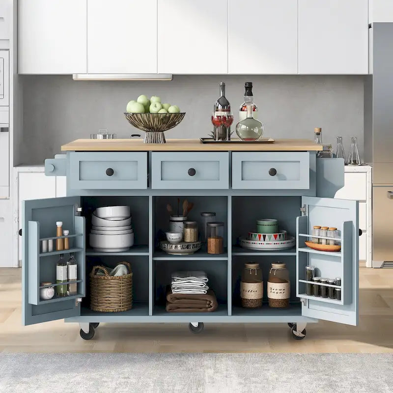 Kitchen Cart with Rubber wood Drop-Leaf Countertop, 5-Wheel Kitchen Island with Storage Cabinet & 3 Drawers