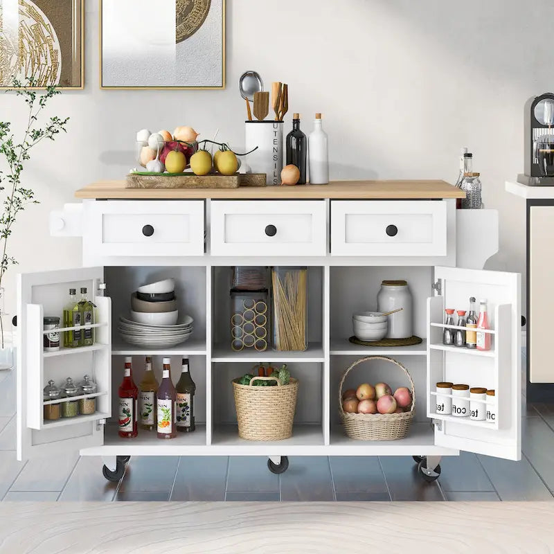 Kitchen Cart with Rubber wood Drop-Leaf Countertop, 5-Wheel Kitchen Island with Storage Cabinet & 3 Drawers