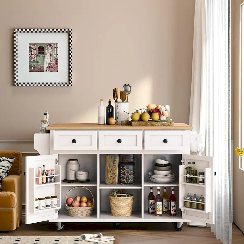 Kitchen Cart with Rubber wood Drop-Leaf Countertop, 5-Wheel Kitchen Island with Storage Cabinet & 3 Drawers