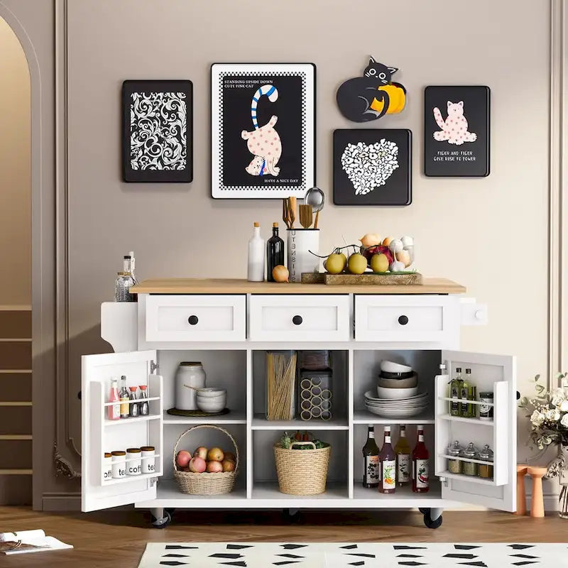 Kitchen Cart with Rubber wood Drop-Leaf Countertop, 5-Wheel Kitchen Island with Storage Cabinet & 3 Drawers