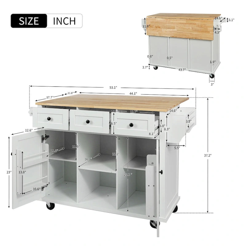 Kitchen Cart with Rubber wood Drop-Leaf Countertop, 5-Wheel Kitchen Island with Storage Cabinet & 3 Drawers