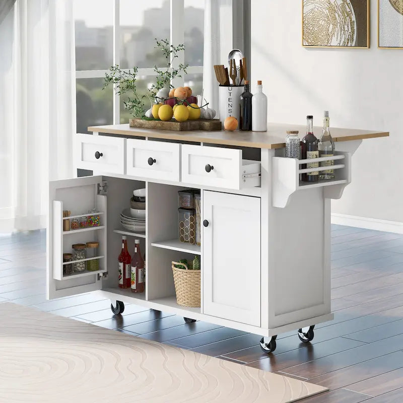 Kitchen Cart with Rubber wood Drop-Leaf Countertop, 5-Wheel Kitchen Island with Storage Cabinet & 3 Drawers