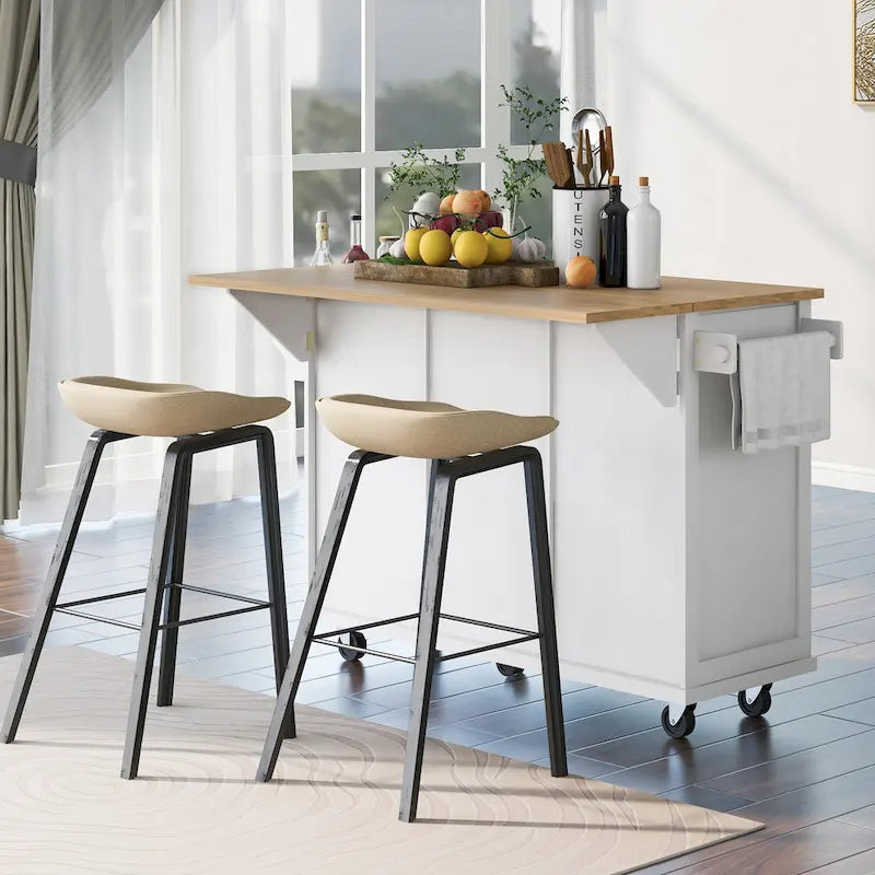 Kitchen Cart with Rubber wood Drop-Leaf Countertop, 5-Wheel Kitchen Island with Storage Cabinet & 3 Drawers