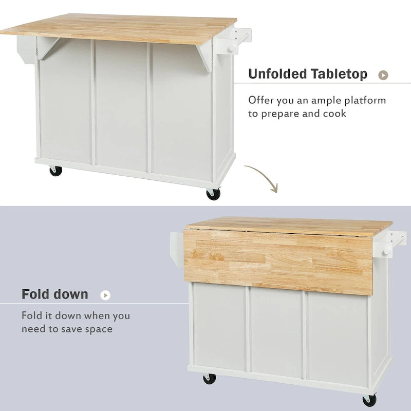 Kitchen Cart with Rubber wood Drop-Leaf Countertop, 5-Wheel Kitchen Island with Storage Cabinet & 3 Drawers