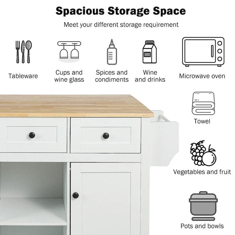 Kitchen Cart with Rubber wood Drop-Leaf Countertop, 5-Wheel Kitchen Island with Storage Cabinet & 3 Drawers