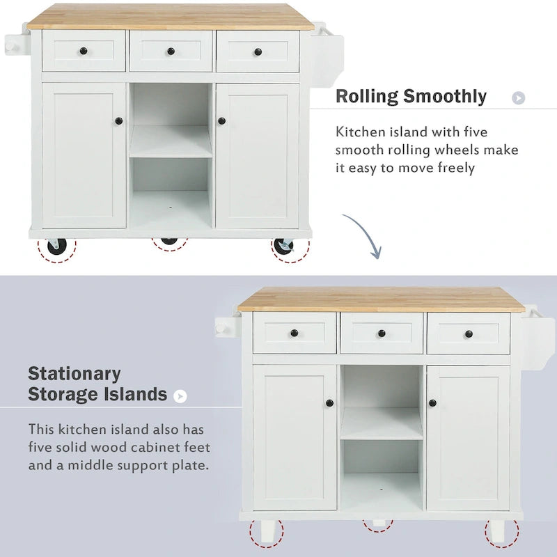 Kitchen Cart with Rubber wood Drop-Leaf Countertop, 5-Wheel Kitchen Island with Storage Cabinet & 3 Drawers