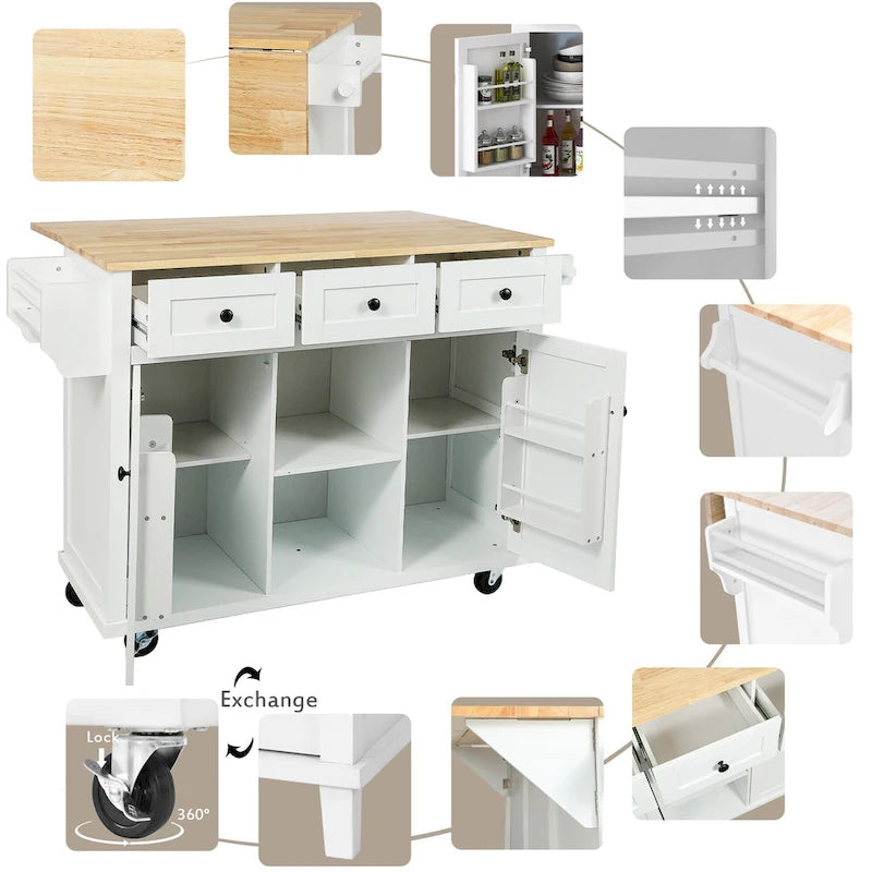 Kitchen Cart with Rubber wood Drop-Leaf Countertop, 5-Wheel Kitchen Island with Storage Cabinet & 3 Drawers