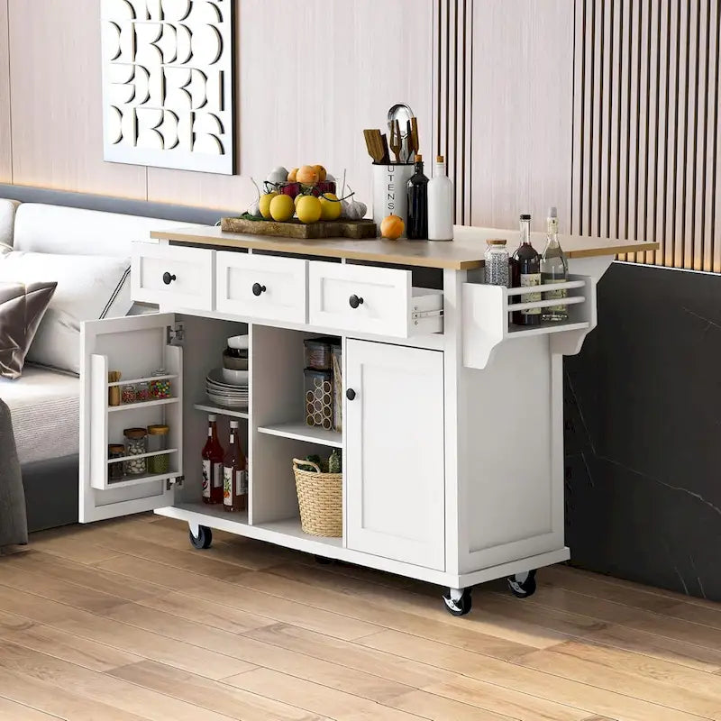 Kitchen Cart with Rubber wood Drop-Leaf Countertop, 5-Wheel Kitchen Island with Storage Cabinet & 3 Drawers