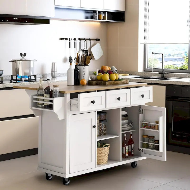 Kitchen Cart with Rubber wood Drop-Leaf Countertop, 5-Wheel Kitchen Island with Storage Cabinet & 3 Drawers