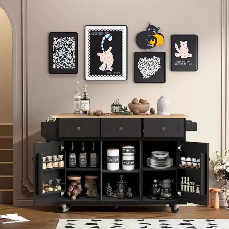 Kitchen Cart with Rubber wood Drop-Leaf Countertop, 5-Wheel Kitchen Island with Storage Cabinet & 3 Drawers