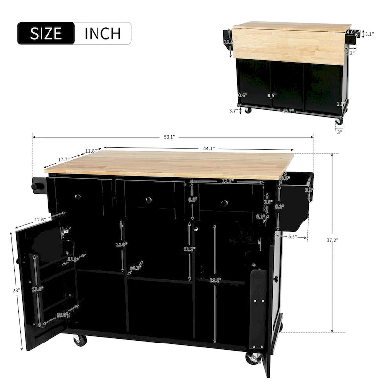 Kitchen Cart with Rubber wood Drop-Leaf Countertop, 5-Wheel Kitchen Island with Storage Cabinet & 3 Drawers