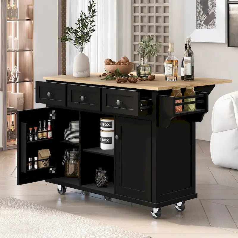 Kitchen Cart with Rubber wood Drop-Leaf Countertop, 5-Wheel Kitchen Island with Storage Cabinet & 3 Drawers