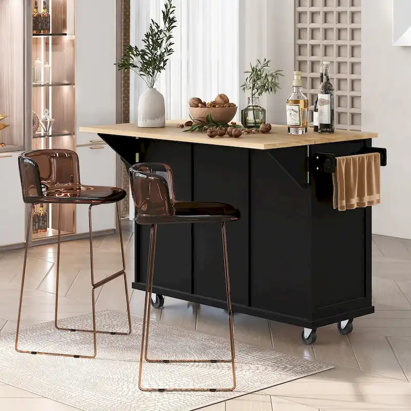 Kitchen Cart with Rubber wood Drop-Leaf Countertop, 5-Wheel Kitchen Island with Storage Cabinet & 3 Drawers