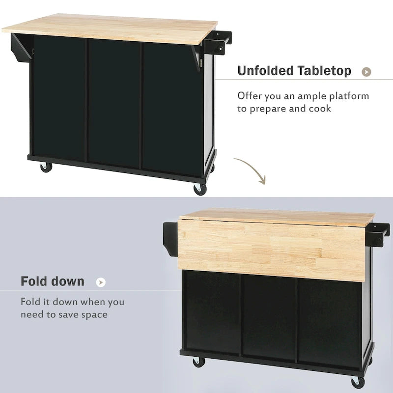Kitchen Cart with Rubber wood Drop-Leaf Countertop, 5-Wheel Kitchen Island with Storage Cabinet & 3 Drawers